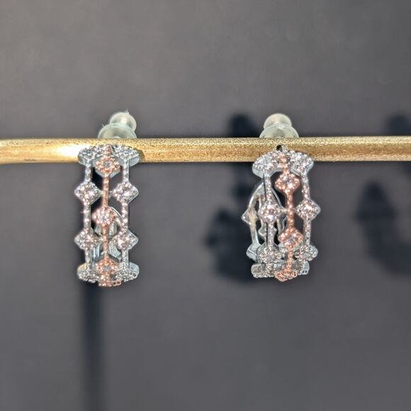 PAJ 925 Sterling Rose & Silver CZ Fancy Half Hoop Earrings - Picture 1 of 7